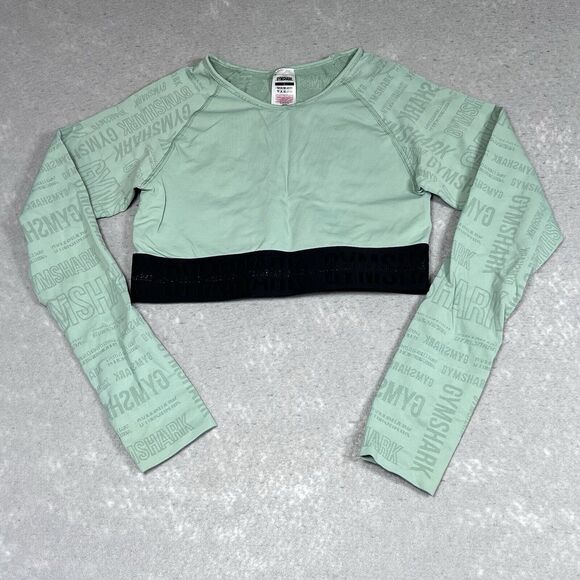 Gymshark Vision Long Sleeve Crop Top Large Green Lightweight Seamless Thumbhole - Picture 1 of 11